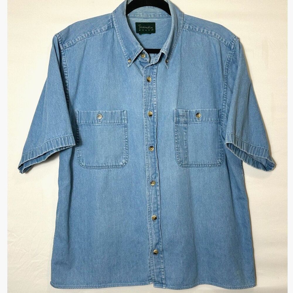 Scandia Woods Men's Vintage Blue Denim Button Down Shirt Size L Short Sleeve
